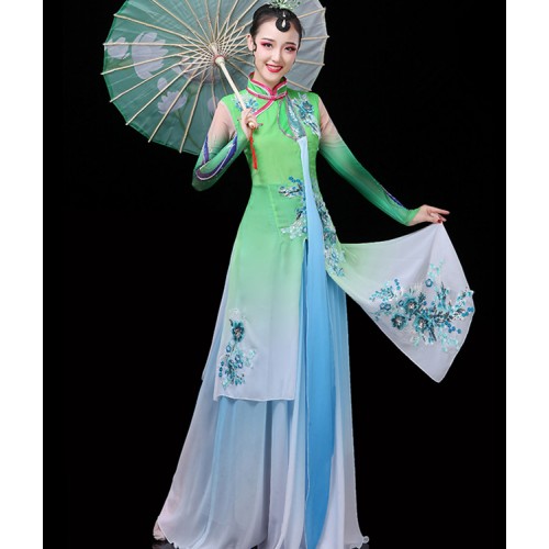 Women's traditional chinese folk dance dresses fan umbrella dancers oriental dance dress costumes